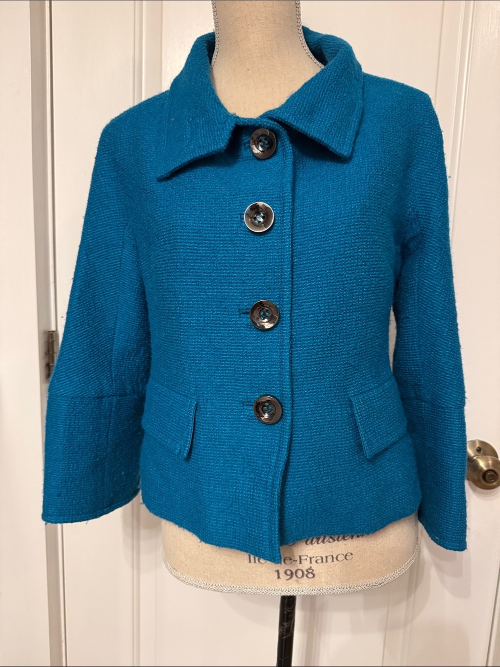 ETCETERA JACKET COAT BLAZER TURQUOISE BLUE FOLD UP COLLAR 3/4 SLEEVE Size 6